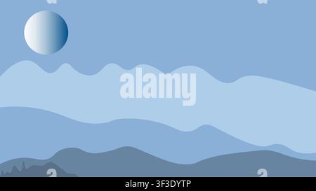 Minimalist flat design of layered blue mountain ranges under a clear sky and glowing moon. Serene nature illustration in a cold color palette. Stock Vector