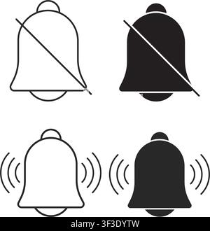 A set of notification bell icons showing ringing and silent mute states in both outline and solid black styles for interface design. Stock Vector