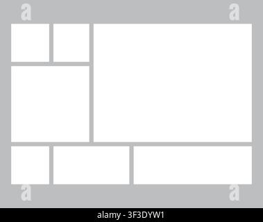 A blank photo collage template features multiple rectangular and square frames on a grey background for displaying modern art and picture sets. Stock Vector
