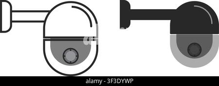 Minimalist flat vector icons of a wall mounted CCTV dome security camera in outline and solid styles for surveillance and safety design. Stock Vector