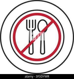 A red and black circular prohibition sign featuring a fork and spoon crossed out to indicate no food or dining allowed in this area. Stock Vector