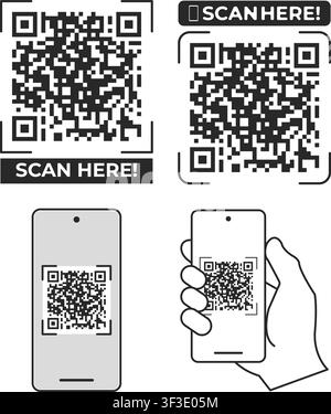 Set of black and white graphic icons showing QR codes with scan here labels and a hand holding a mobile device to scan a digital code. Stock Vector