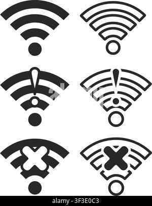 A clean collection of wireless network icons featuring full signal, connection alerts, and disconnected status in both solid and outlined vector style Stock Vector