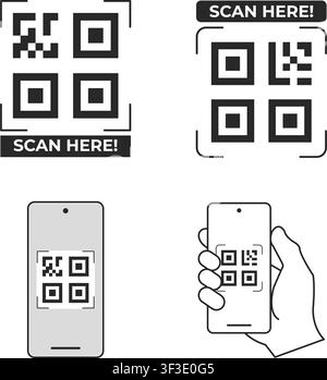 Minimalist black and white icons showing a smartphone scanning a QR code for digital payments, information access, and contactless technology. Stock Vector