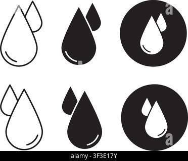 A collection of clean moisture and liquid drop icons featuring outline and solid styles in circular and isolated formats for modern UI design. Stock Vector