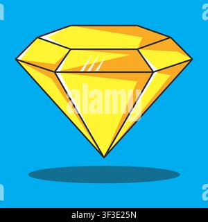 A bright yellow diamond-cut gemstone floating above a dark shadow on a solid blue backdrop. Perfect for jewelry, wealth, and luxury concepts. Stock Vector