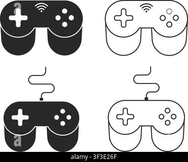 Minimalist gaming gamepad icons featuring both wireless and wired controller designs in solid black and thin line art styles. Stock Vector
