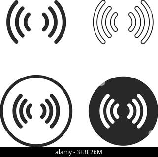 A collection of wireless communication icons featuring signal waves radiating outwards, representing connectivity, radio frequencies, and tech network Stock Vector