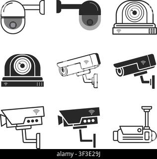 A comprehensive collection of professional CCTV and security camera icons. These vector graphics represent modern surveillance technology for home or Stock Vector