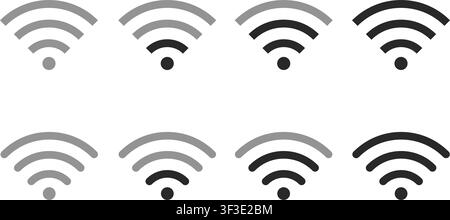 Minimalist collection of wireless signal icons showing different connection levels from low to full strength for digital interface design. Stock Vector