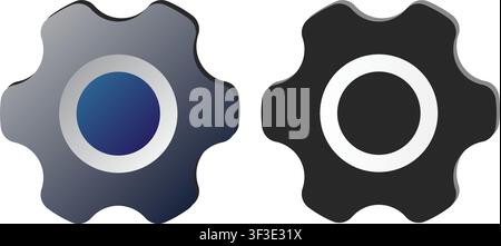 A set of two stylized gear wheels featuring a modern minimalist design, including a dark gradient version and a solid black flat icon. Stock Vector