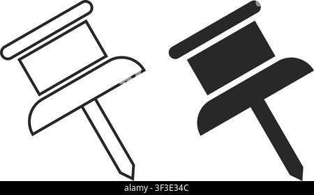 A clean graphic featuring two push pin icons, one presented as a simple line outline and the other as a solid black silhouette. Stock Vector