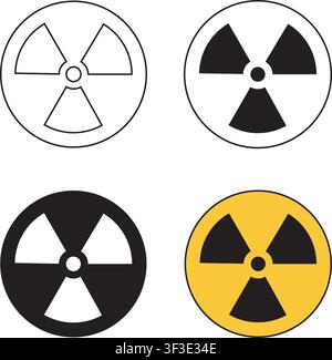 A collection of four ionizing radiation warning signs featuring the classic trefoil hazard symbol in different colors and line styles. Stock Vector