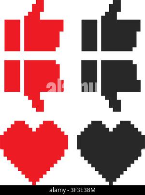A collection of pixelated social media icons featuring thumbs up thumbs down and heart shapes in red and dark grey colors on a white background. Stock Vector