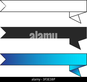 Set of three horizontal origami style ribbon banners including outline, solid black, and blue gradient designs for creative graphic headers. Stock Vector