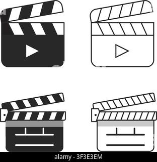 Set of minimalist movie clapper board line and silhouette icons. Ideal symbol for cinema, media production, filmmaking, and entertainment industry. Stock Vector