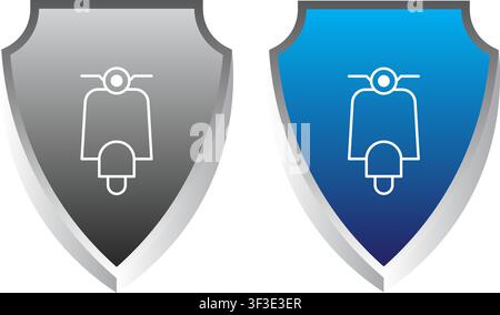 A minimalist illustration of a scooter front view enclosed within a metallic gradient shield, available in grey and blue color themes. Stock Vector