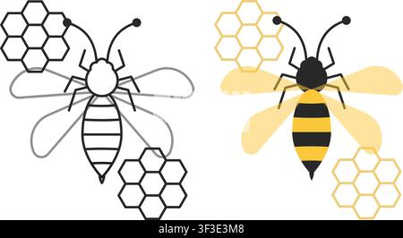 Minimalist illustration of a honey bee with yellow and black stripes surrounded by hexagonal honeycomb cells, presented in line art and colored versio Stock Vector