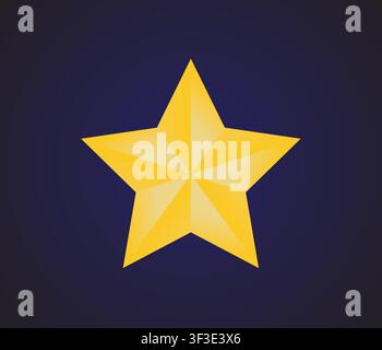 A shiny yellow five-pointed star featuring a faceted 3D effect centered on a smooth dark blue gradient background. Stock Vector