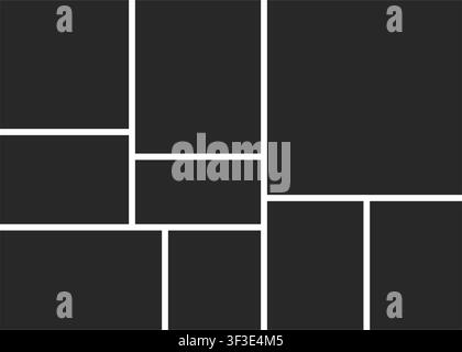 A minimalist black and white photo collage layout grid template featuring a series of mixed square and rectangle frames separated by white lines. Stock Vector