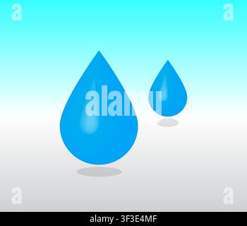 Two vibrant blue water droplets floating with subtle shadows over a smooth light blue and grey gradient backdrop. Stock Vector