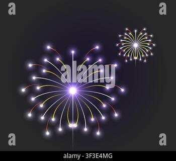 A vibrant digital illustration of two colorful fireworks exploding against a dark background, showcasing glowing sparks of yellow, white, and red. Stock Vector