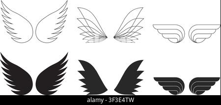 A collection of minimalist wing icons featuring solid black and thin outline designs. Perfect for logos, heraldry, tattoos, and graphic elements. Stock Vector