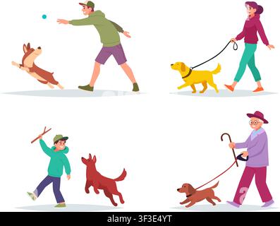 Pet lifestyle. Vector illustration shows people walking hugging feeding and playing with cats and dogs exact collection Stock Vector