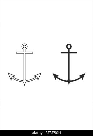 A minimalist black and white graphic featuring two styles of a classic ship anchor including a hollow line art version and a solid flat silhouette. Stock Vector