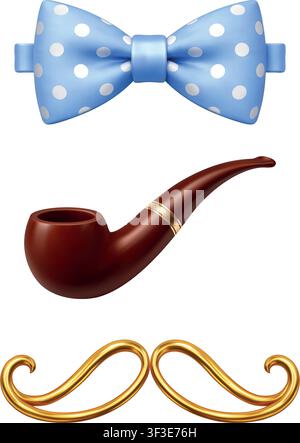 Father Day collection with bow tie, smoking pipe and decorative mustache. Realistic isolated holiday symbols set Stock Vector