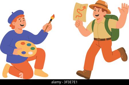 Two cartoon characters, artist with palette and traveler with map. Creative painter and tourist flat vector illustration Stock Vector