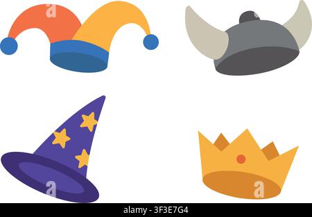 Set of four fairytale hats. Cute cartoon jester hat, horned viking helmet, starry wizard hat and golden king crown isolated Stock Vector