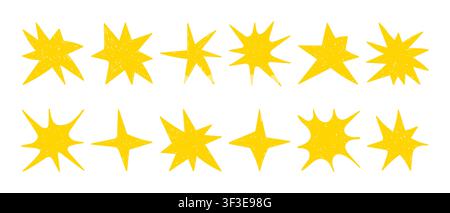 Hand-drawn star icons with sparkling effects and magic glitter. Sketch-style vector elements featuring twinkling lights and cute doodle stars for Stock Vector