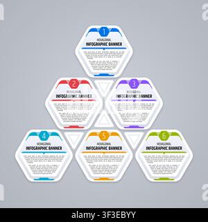 Modern hexagonal infographic banner template featuring six connected content sections for business presentations, workflow diagrams, process visualiza Stock Vector