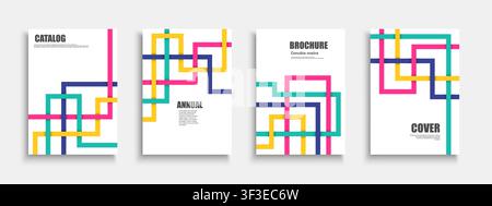Premium minimalist business covers with vibrant overlapping striped patterns. Modern corporate layout set with creative colorful geometric lines for Stock Vector