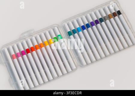 Top view of open plastic case with set of colorful felt tip pens on white background Stock Photo