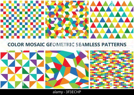 Vector collection of color mosaic geometric seamless patterns. Modern multicolor background templates set with creative abstract square and triangle Stock Vector