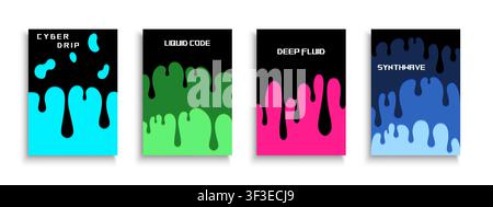 Futuristic business brochure covers with neon cyberpunk liquid drips. Tech abstract corporate layout set with creative dark fluid wave shapes for Stock Vector