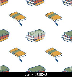 Hand drawn cozy colorful book stack and notebook seamless pattern vector background Stock Vector