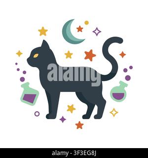 Black cat with moon and magic potion bottles vector illustration Stock Vector