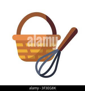 Wicker basket and whisk illustration for kitchen and baking concepts Stock Vector