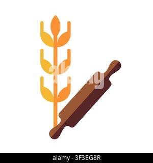 Wheat stalk and wooden rolling pin illustration for bakery and bread making concepts Stock Vector