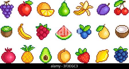 Pixel art berries. Fruit, berry pixelated gaming icons, 8 bit arcade style elements. Isolated bright coconut, strawberry, avocado, apple, pear, tidy Stock Vector
