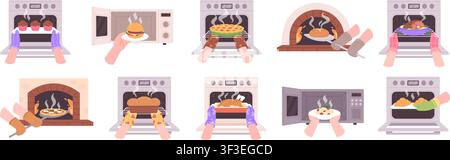 Hands get food from oven. Chefs and housewives cooking different meals in kitchen gloves. Italian pizza, bread, croissants, burger, turkey with Stock Vector