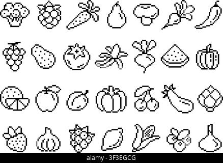 Pixelated vegetables and fruits. Fresh farming icons, agriculture elements. Isolated outline veggies, berries in 8 bit style, tidy vector symbols Stock Vector
