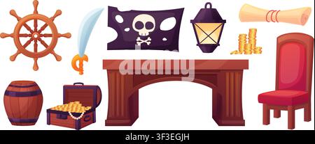 Cartoon pirate ship furniture. Wooden ship wheel, chair, black flag with skull, chest with golden coins and old scroll. Vintage room accessories Stock Vector