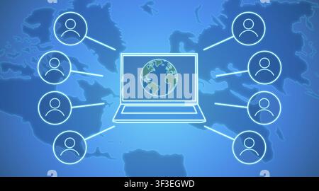 International communication. Illustration with laptop, virtual community icons and world map on blue background, panorama Stock Photo
