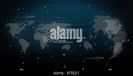 On start dotted globe rotating and flat map showing code while particles drifting for data display Stock Photo