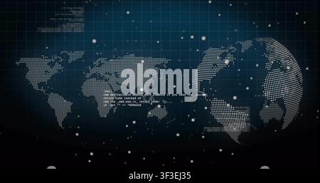 On start dotted globe rotating and flat map showing code while particles drifting for data display Stock Photo