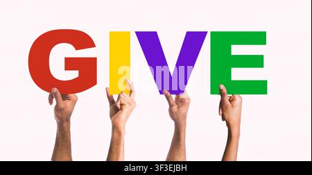 Group of volunteers holding letters of word GIVE on white background, collage Stock Photo